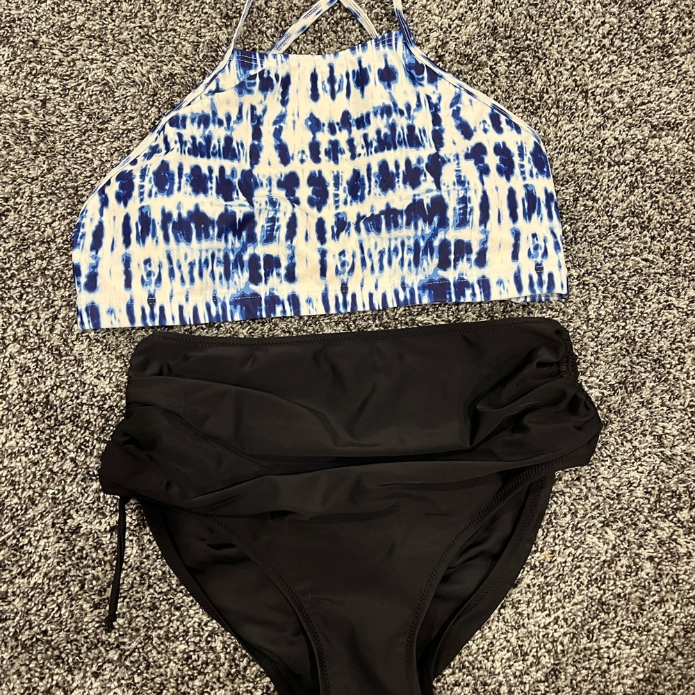Blue and White Patterned Bikini Top with Black Bottoms